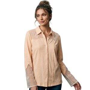 Cato Womens XL Natural Beige Slub Knit Lace Yoke Button Down Blouse NWT